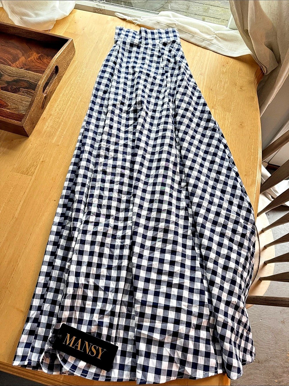 MANSY Women's Gingham Plaid Maxi Skirt Blue & White